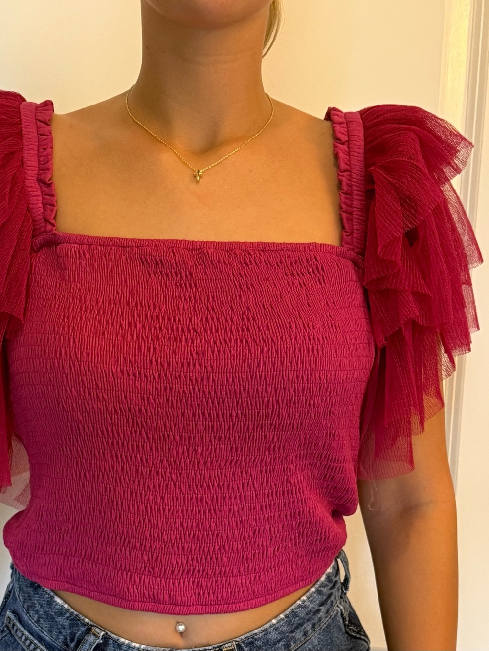 Listicle Berry Ruffled Smocked Crop Top